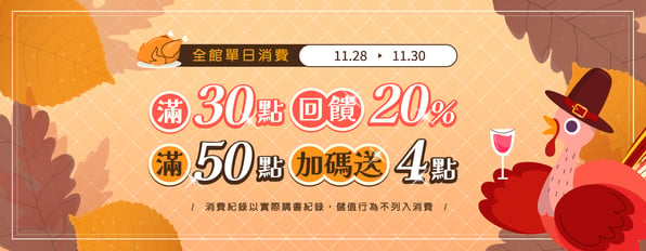 限時3天！全館消費滿30點回饋20%，滿50點加碼送4點